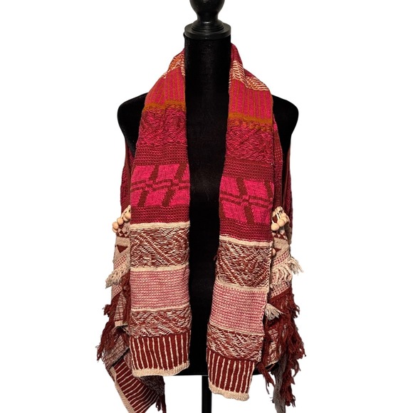 MOTH Anthropologie Durango Patchwork Knit Vest Cardigan Boho Fringe Pom Pom XS S - Picture 3 of 7